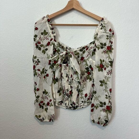 Reformation Bacio Floral Long Sleeve Square Neck Smocked Top Women's Size 6 - Picture 4 of 6